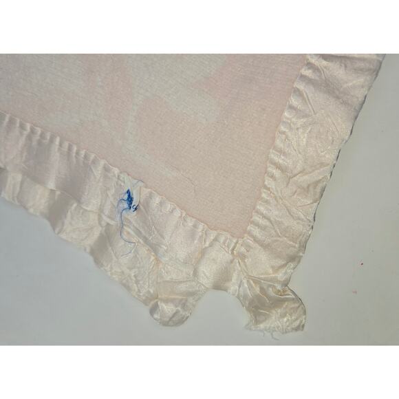Vintage Reversible Pink Satin Edge Baby Blanket Floral Birds 42 x 28 Fleece - Picture 8 of 13